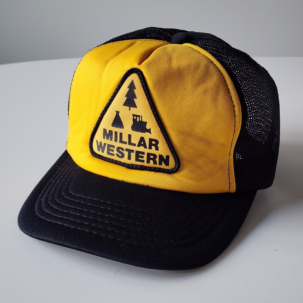 Vintage Millar Western Trucker Hat Snap Back Cap Patch‎ Forest Products Yellow